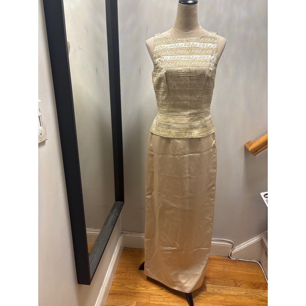 Marie St. Claire Evening Gown Women 4 Gold  Embroidered Satin Formal